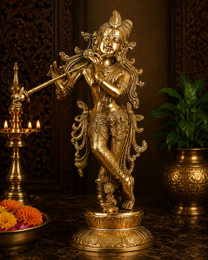 Brassaura® Krishna Playing Flute Idol with Polished Finish | Pure Superfine Brass Handcrafted Murti | Brass Statue for Home Temple, Pooja Room | Height 18 Inches | Weight 6.5 Kgs