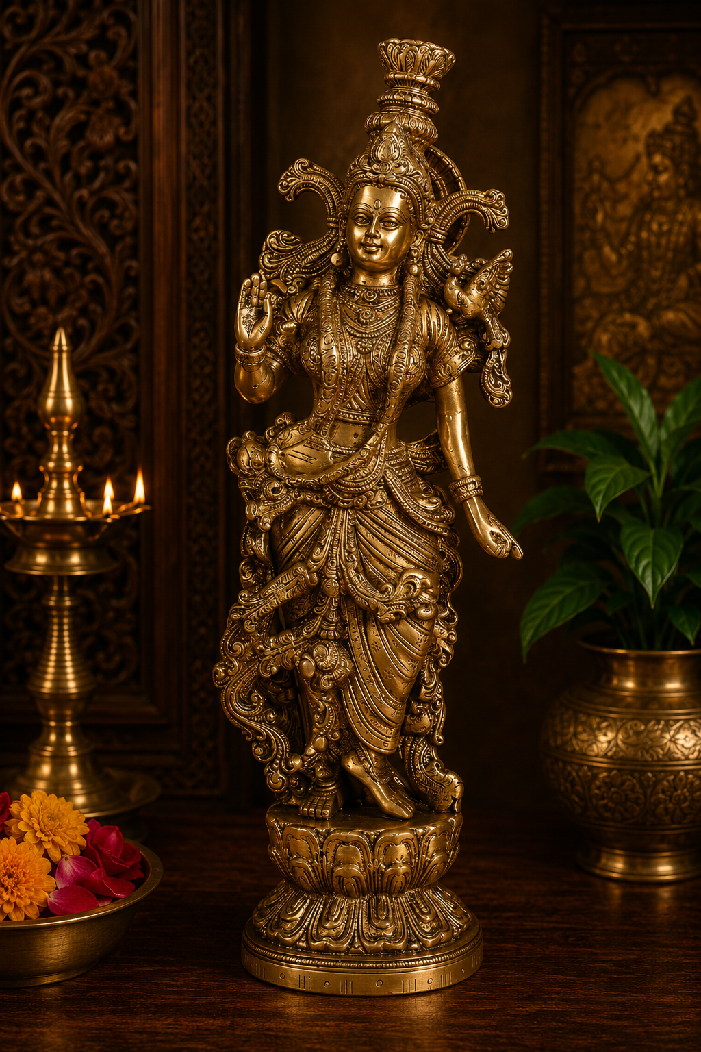 Brassaura® Lord Krishna Standing Idol with Polished Finish | Pure Superfine Brass Handcrafted Murti | Brass Statue for Home Temple, Pooja Room | Height 14 Inches | Weight 3.4 Kgs