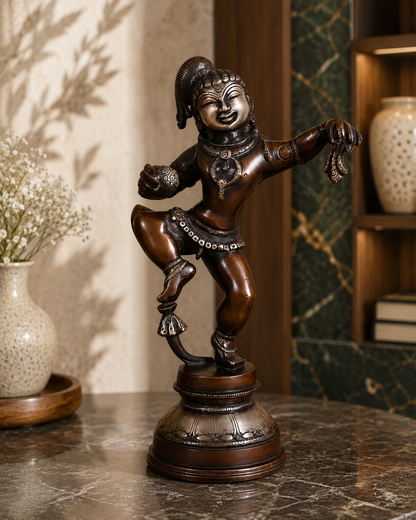 Brassaura® Bala Krishna Dancing Idol with Antique Dual Tone Finish | Pure Superfine Brass Handcrafted Murti | Brass Statue for Home Temple, Pooja Room | Height 11 Inches | Weight 3.15 Kgs