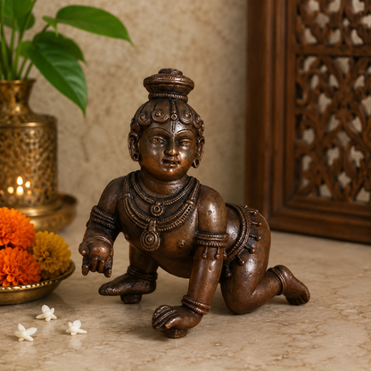 Brassaura® Bala Gopal Crawling Idol with Antique Brown Finish | Pure Copper Handcrafted Murti | Copper Statue for Home Temple, Pooja Room | Height 4 Inches | Weight 0.83 Kgs