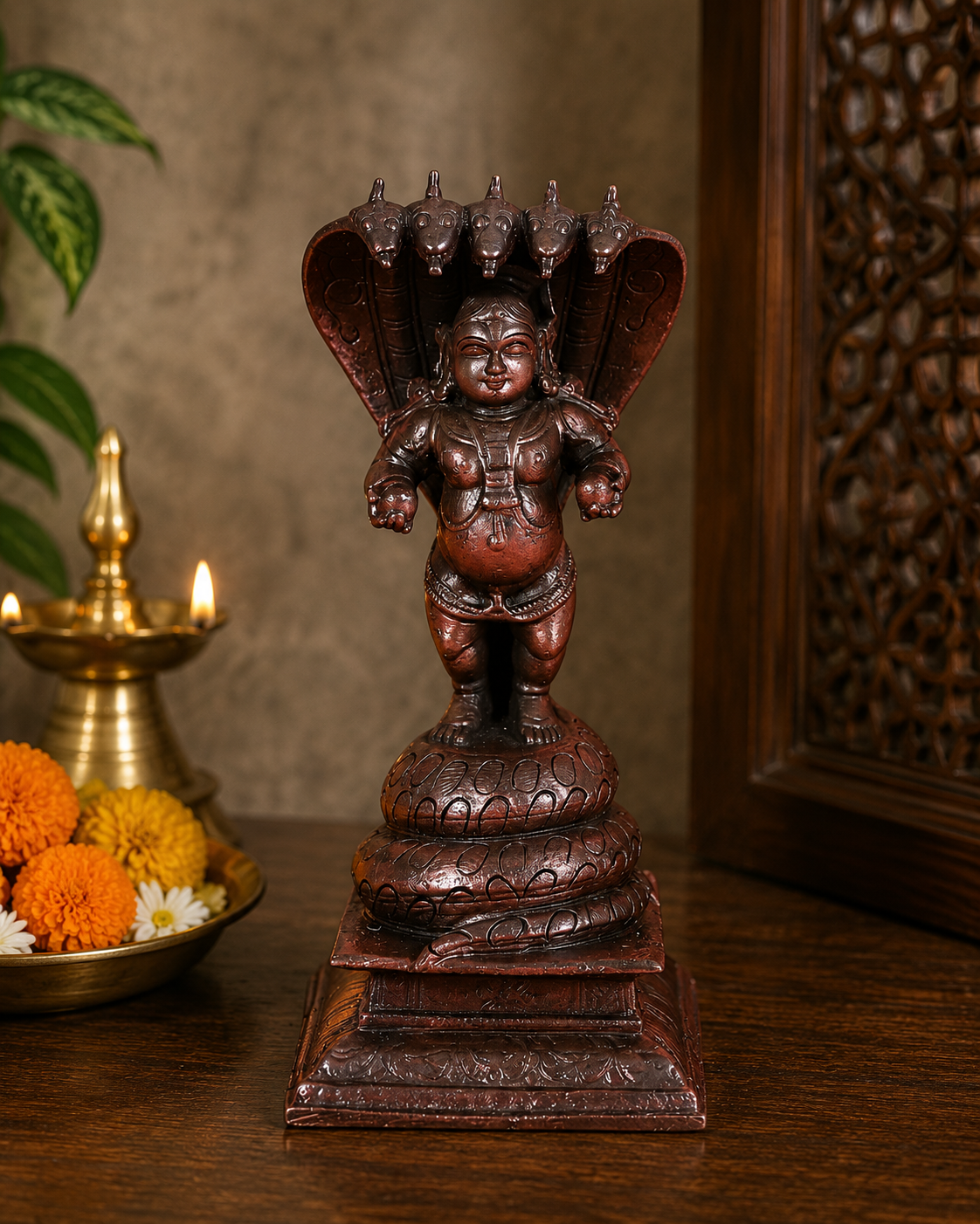 Brassaura® Lord Krishna Standing on Kalinga Idol with Antique Brown Finish | Pure Copper Handcrafted Murti | Copper Statue for Home Temple, Pooja Room | Height 2.07 Inches | Weight 0.433 Kgs