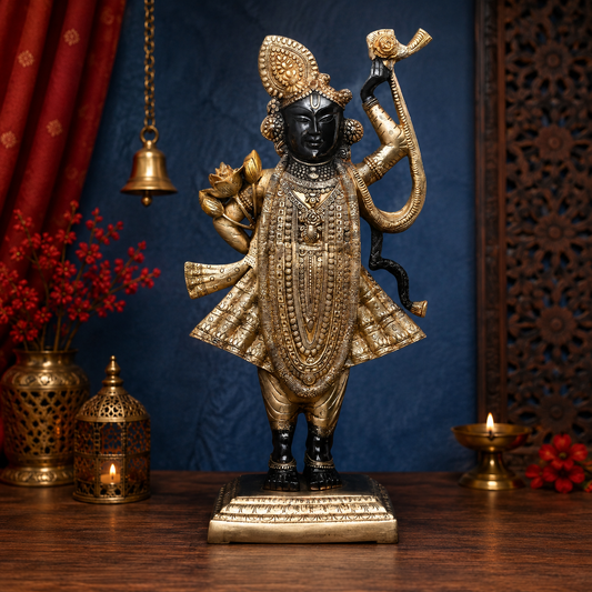 Brassaura® Srinathji Standing Idol with Golden & Black Patina Finish | Pure Superfine Brass Handcrafted Murti | Brass Statue for Home Temple, Pooja Room | Height 32 Inches | Weight 29.06 Kgs