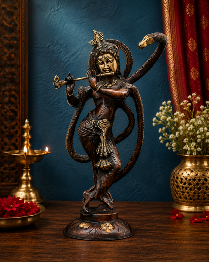 Brassaura® Krishna Playing Flute with Kaliya Idol with Antique Dual Tone Finish | Pure Superfine Brass Handcrafted Murti | Brass Statue for Home Temple, Pooja Room | Height 15 Inches | Weight 5.45 Kgs