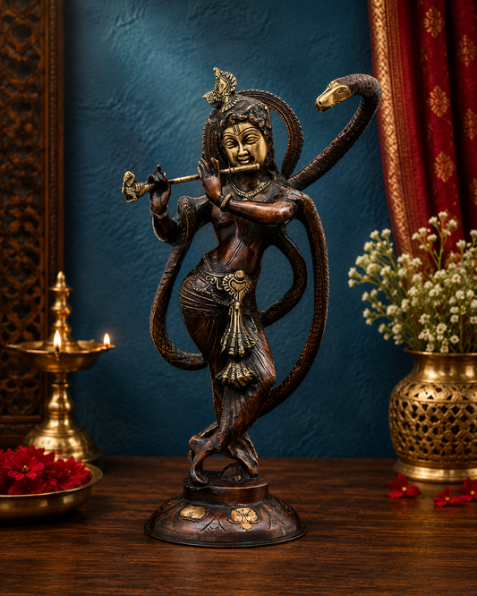 Brassaura® Krishna Playing Flute with Kaliya Idol with Antique Dual Tone Finish | Pure Superfine Brass Handcrafted Murti | Brass Statue for Home Temple, Pooja Room | Height 15 Inches | Weight 5.45 Kgs