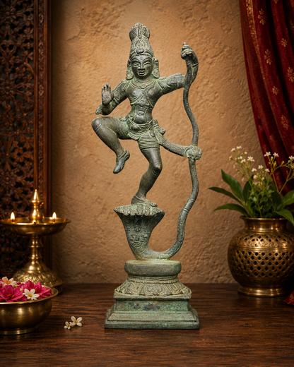 Brassaura® Lord Krishna on Serpent Kaliya Idol with Antique Green Patina Finish | Pure Superfine Brass Handcrafted Murti | Brass Statue for Home Temple, Pooja Room | Height 15 Inches | Weight 14.37 Kgs