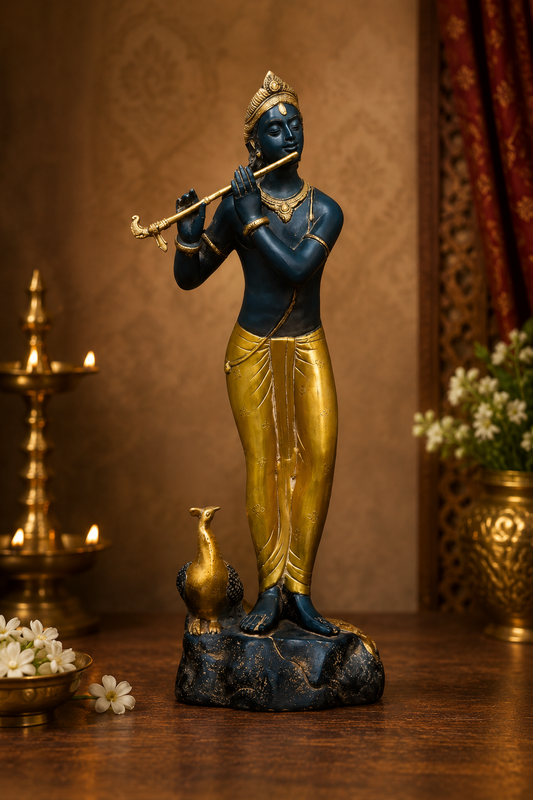 Brassaura® Krishna Playing Flute Idol with Blue & Gold Finish | Pure Superfine Brass Handcrafted Murti | Brass Statue for Home Temple, Pooja Room | Height 28.3 Inches | Weight 14.6 Kgs