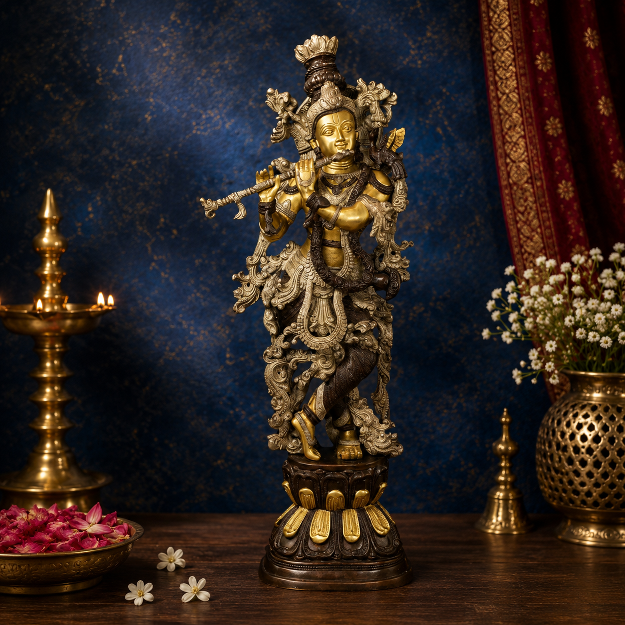 Brassaura® Vasudeva Putra Lord Krishna Playing Flute Idol | Pure Brass Handcrafted Murti | Krishna Statue for Home Temple, Living Room & Spiritual Décor | Height 29.5 Inches | Weight 15 Kgs