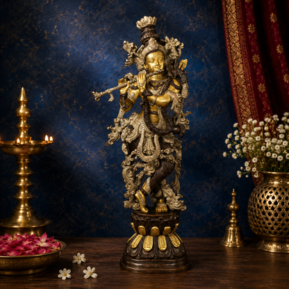 Brassaura® Vasudeva Putra Lord Krishna Playing Flute Idol | Pure Brass Handcrafted Murti | Krishna Statue for Home Temple, Living Room & Spiritual Décor | Height 29.5 Inches | Weight 15 Kgs