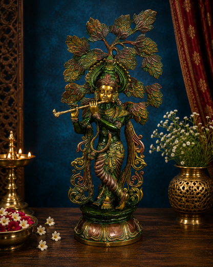 Brassaura® Lord Krishna Playing Flute Under Kadamba Tree Idol | Pure Brass Handcrafted Murti | Krishna Statue for Home Temple, Living Room & Spiritual Décor | Height 24 Inches | Weight 12 Kgs