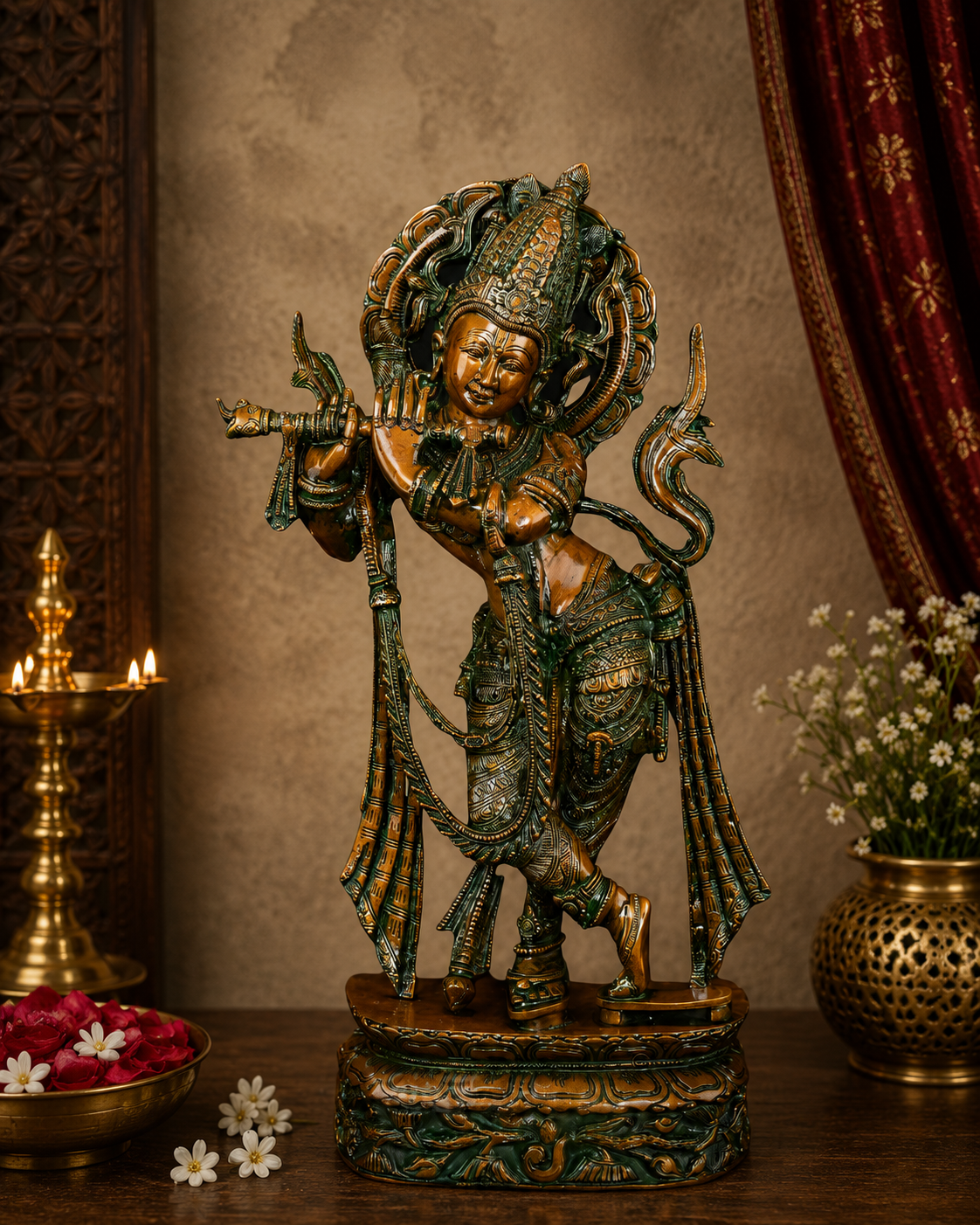 Brassaura® Tribhanga Lord Krishna Playing Flute Idol | Pure Brass Handcrafted Murti | Krishna Statue for Home Temple, Living Room & Spiritual Décor | Height 22 Inches | Weight 10.5 Kgs