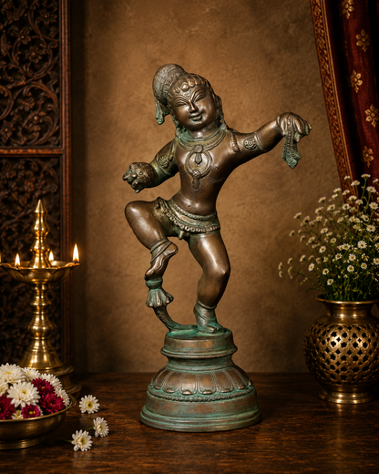 Brassaura® Dancing Baby Krishna Brass Idol | Pure Brass Handcrafted Bal Krishna Murti | Laddu Gopal Statue for Home Temple, Living Room & Spiritual Décor | Height 11 Inches | Weight 3.3 Kgs