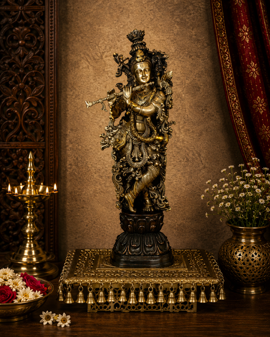 Brassaura® Lord Krishna Vasudeva Putra Brass Idol | Pure Brass Handcrafted Murti | Antique Brown Finish | Krishna Playing Flute Statue for Home Temple, Living Room & Spiritual Décor | Height 29 Inches | Weight 15 Kgs