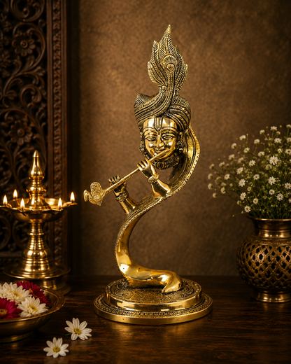 Brassaura® Abstract Lord Krishna Playing Flute Idol with Antique Fine Polish Finish | Pure Superfine Brass Handcrafted Murti | Brass Statue for Home Temple, Pooja Room | Height 13 Inches | Weight 2.9 Kgs