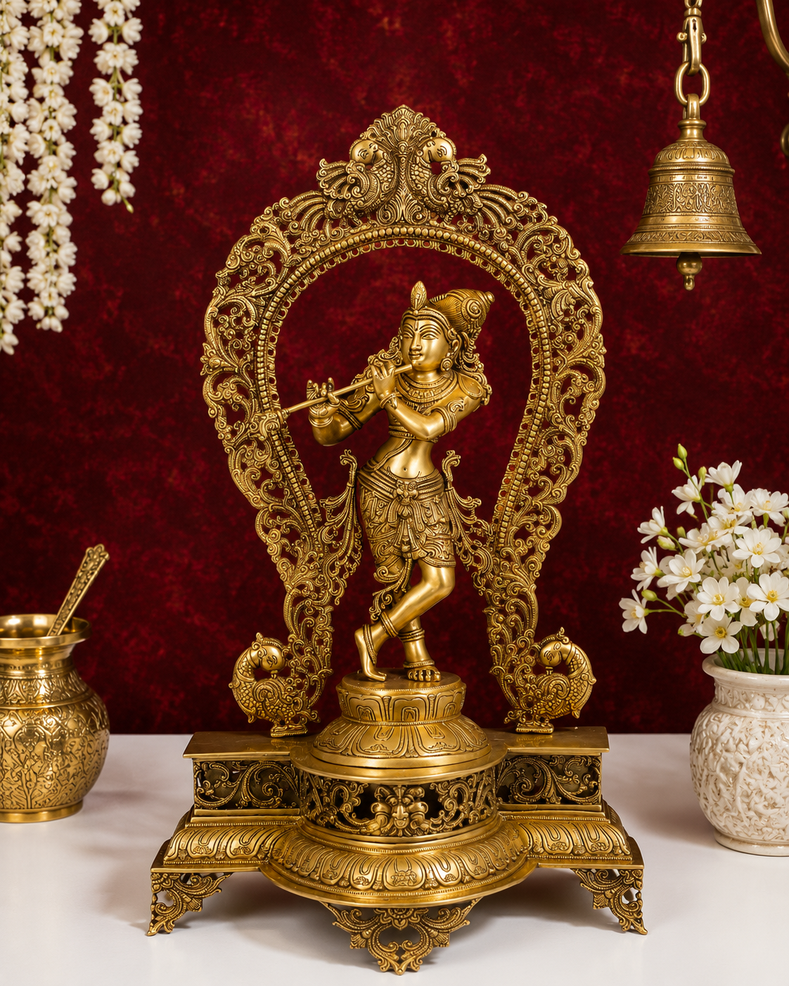 Brassaura® Bala Krishna Standing Playing Flute Idol with Antique Fine Yellow Finish | Pure Superfine Brass Handcrafted Murti | Brass Statue for Home Temple, Pooja Room | Height 30.5 Inches | Weight 20.0 Kgs
