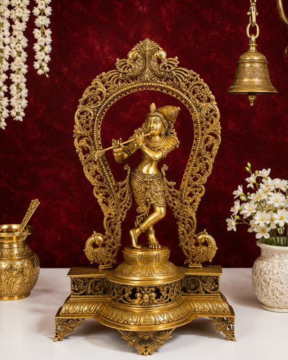 Brassaura® Bala Krishna Standing Playing Flute Idol with Antique Fine Yellow Finish | Pure Superfine Brass Handcrafted Murti | Brass Statue for Home Temple, Pooja Room | Height 30.5 Inches | Weight 20.0 Kgs