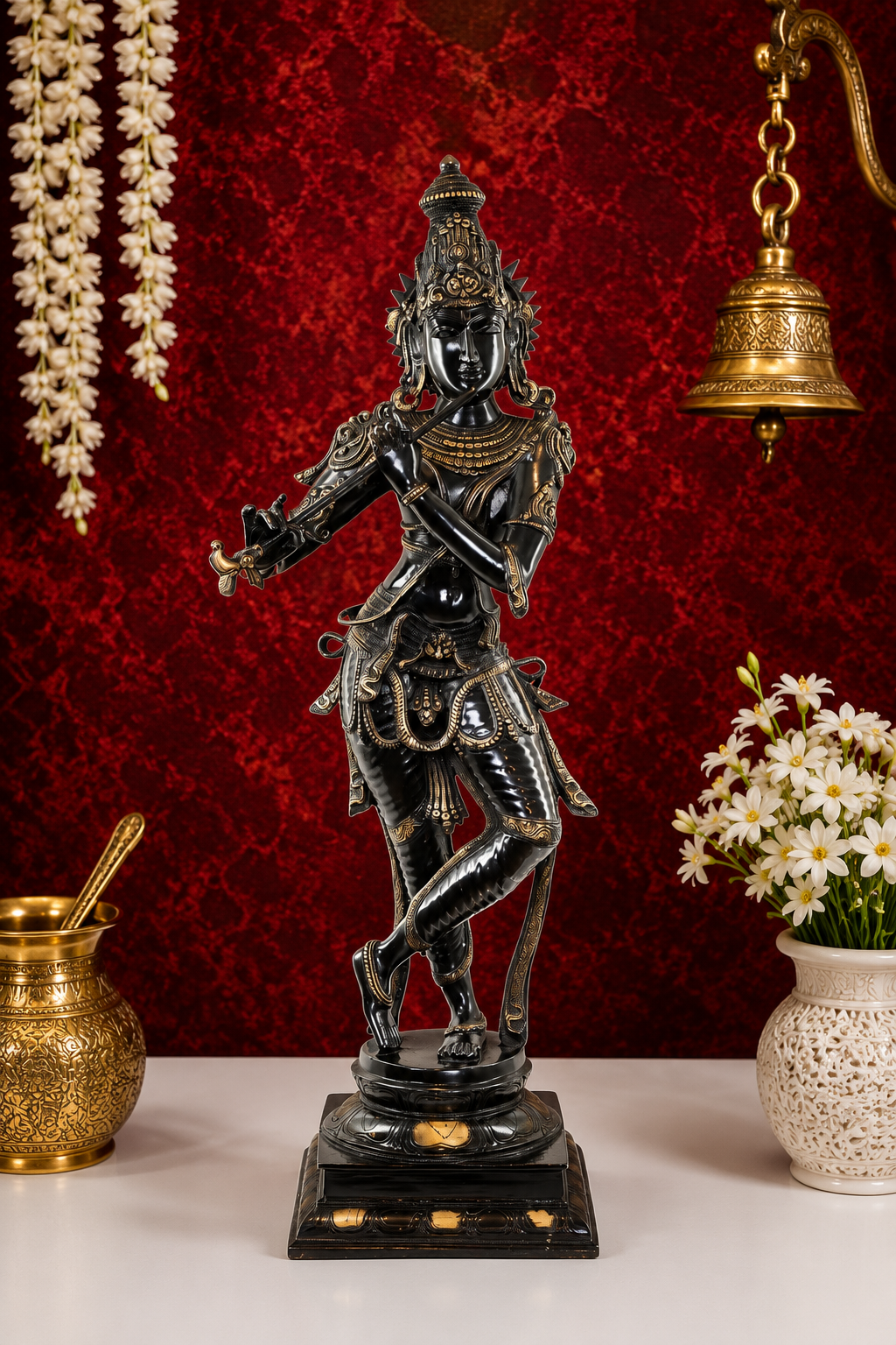 Brassaura® Lord Kesava Playing Flute Idol with Black and Yellow Finish | Pure Superfine Brass Handcrafted Murti | Brass Statue for Home Temple, Pooja Room | Height 34 Inches | Weight 19.0 Kgs