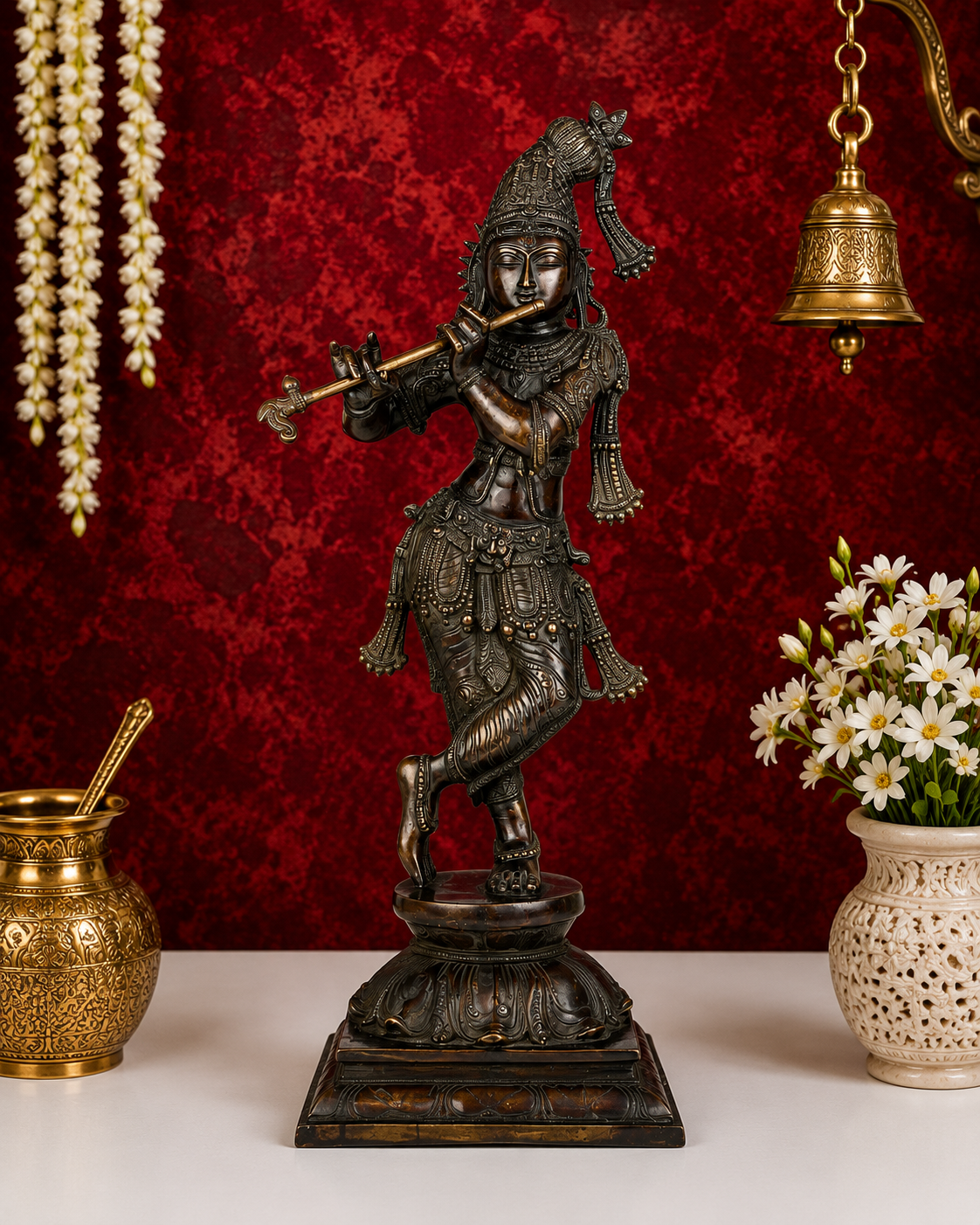 Brassaura® Mukunda Krishna Playing Flute Idol with Antique Brown Finish | Pure Superfine Brass Handcrafted Murti | Brass Statue for Home Temple, Pooja Room | Height 23.5 Inches | Weight 11.0 Kgs