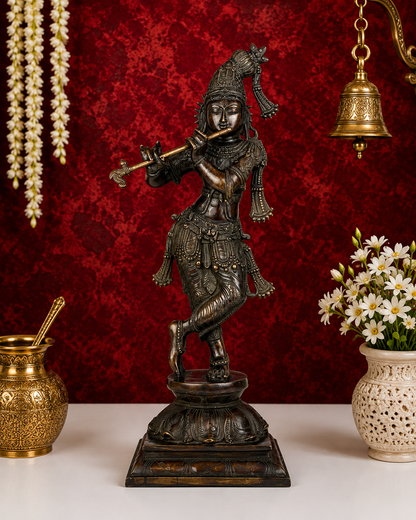 Brassaura® Mukunda Krishna Playing Flute Idol with Antique Brown Finish | Pure Superfine Brass Handcrafted Murti | Brass Statue for Home Temple, Pooja Room | Height 23.5 Inches | Weight 11.0 Kgs