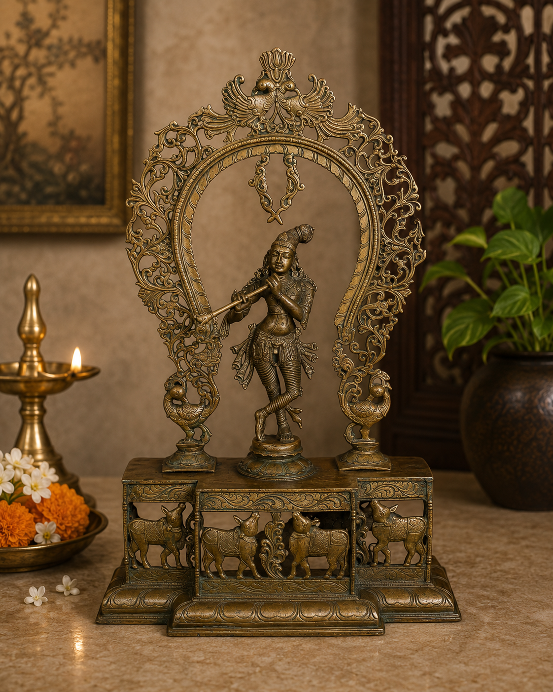 Brassaura® Sri Krishna Playing Flute Idol with Antique Brown Finish | Pure SuperfineBronze  Handcrafted Murti | Bronze Statue for Home Temple, Pooja Room | Height 44 Inches | Weight 69.0 Kgs
