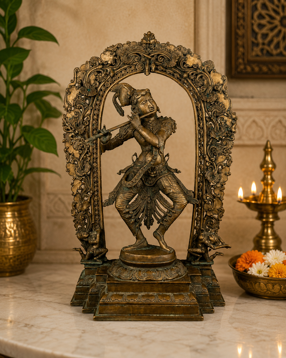 Brassaura® Sri Krishna Playing Flute Idol with Antique Finish | Handcrafted Bronze Murti | Bronze Statue for Home Temple, Pooja Room | Height 32 Inches | Weight 29.0 Kgs