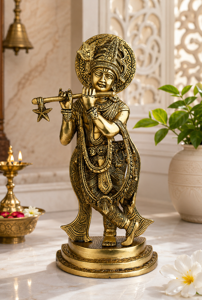 Brassaura® Lord Krishna Playing Flute Idol with Antique Finish | Pure Superfine Brass Handcrafted Murti | Brass Statue for Home Temple, Pooja Room, Spiritual Décor & Luxury Gifting | Height 11 Inches | Weight 3 Kg