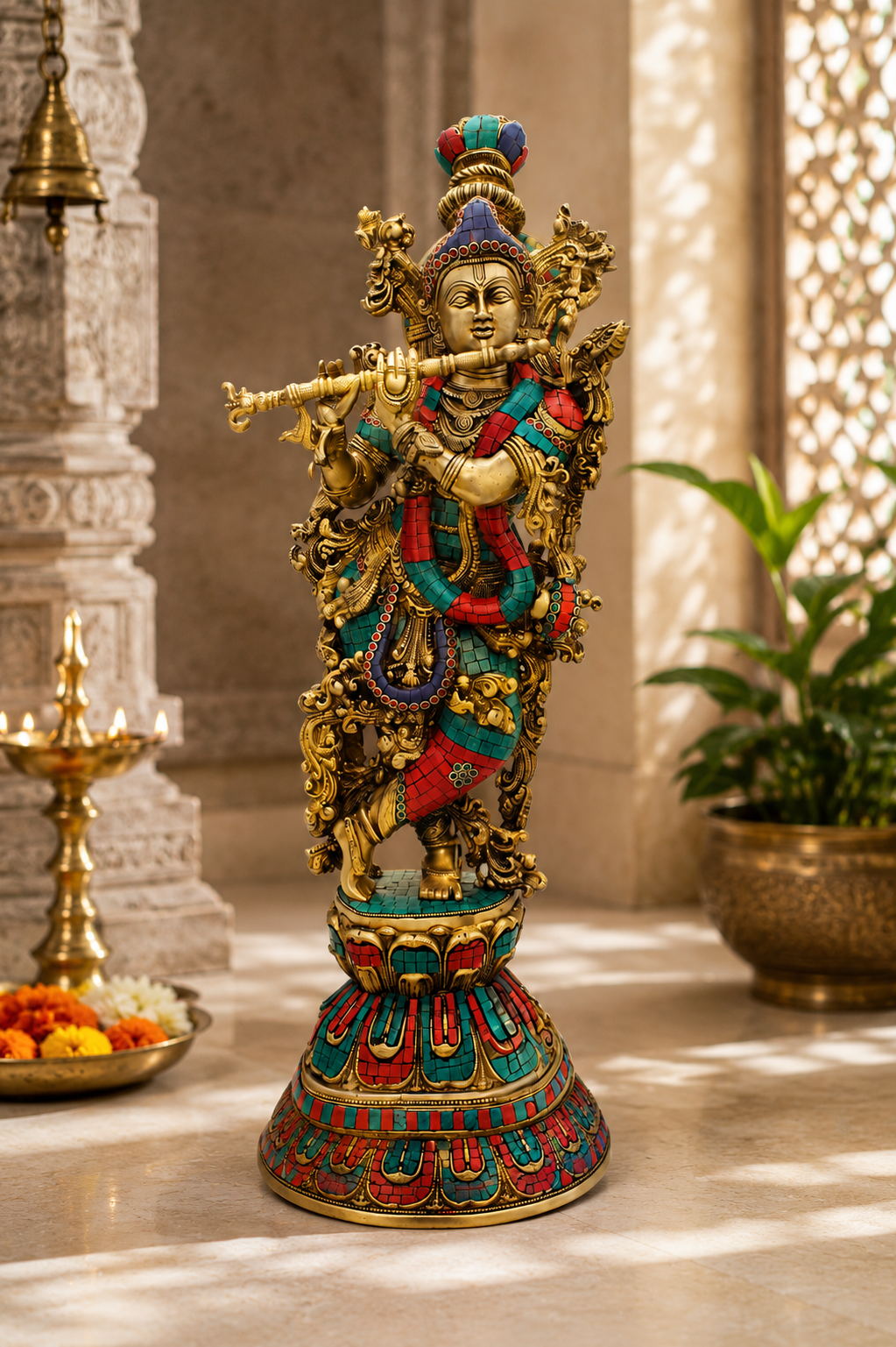 Brassaura® Lord Krishna Playing Flute Idol with Multi-Color Gemstone Finish | Pure Superfine Brass Handcrafted Murti | Brass Statue for Home Temple, Pooja Room, Spiritual Décor & Luxury Gifting | Height 29 Inches | Weight 16.5 Kg