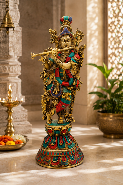 Brassaura® Lord Krishna Playing Flute Idol with Multi-Color Gemstone Finish | Pure Superfine Brass Handcrafted Murti | Brass Statue for Home Temple, Pooja Room, Spiritual Décor & Luxury Gifting | Height 29 Inches | Weight 16.5 Kg