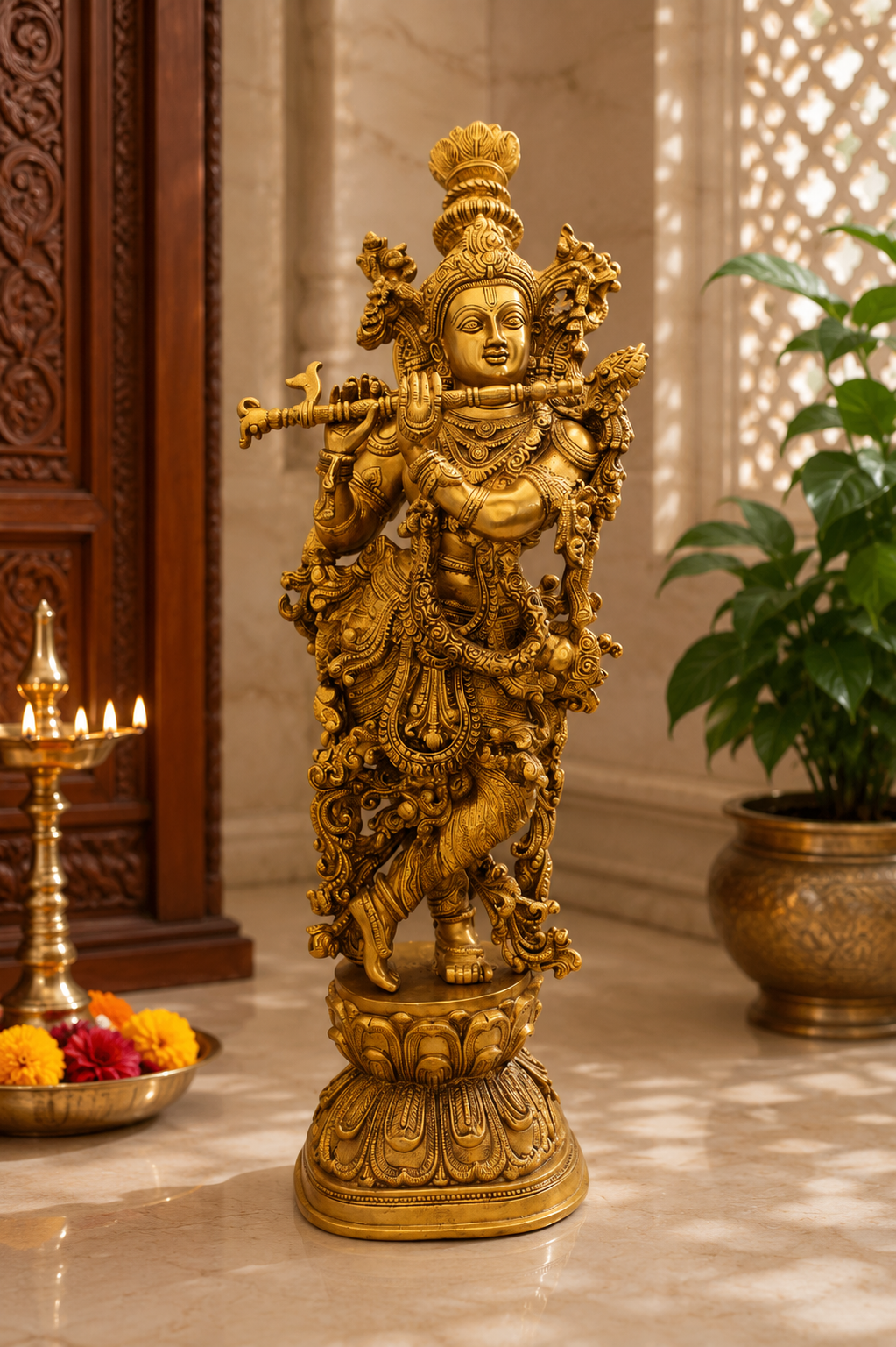 Brassaura® Lord Krishna Playing Flute Idol with Antique Gold Finish | Pure Superfine Brass Handcrafted Murti | Brass Statue for Home Temple, Pooja Room, Spiritual Décor & Luxury Gifting | Height 29 Inches | Weight 16 Kg