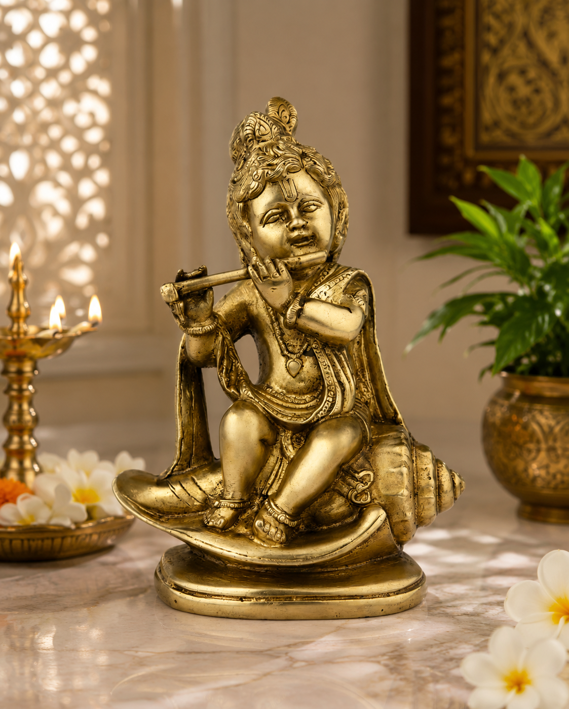Brassaura® Bal Gopal Playing Flute Idol with Royal Golden Finish | Pure Superfine Brass Handcrafted Murti | Brass Statue for Home Temple, Pooja Room, Spiritual Décor & Luxury Gifting | Height 9 Inches | Weight 2 Kg
