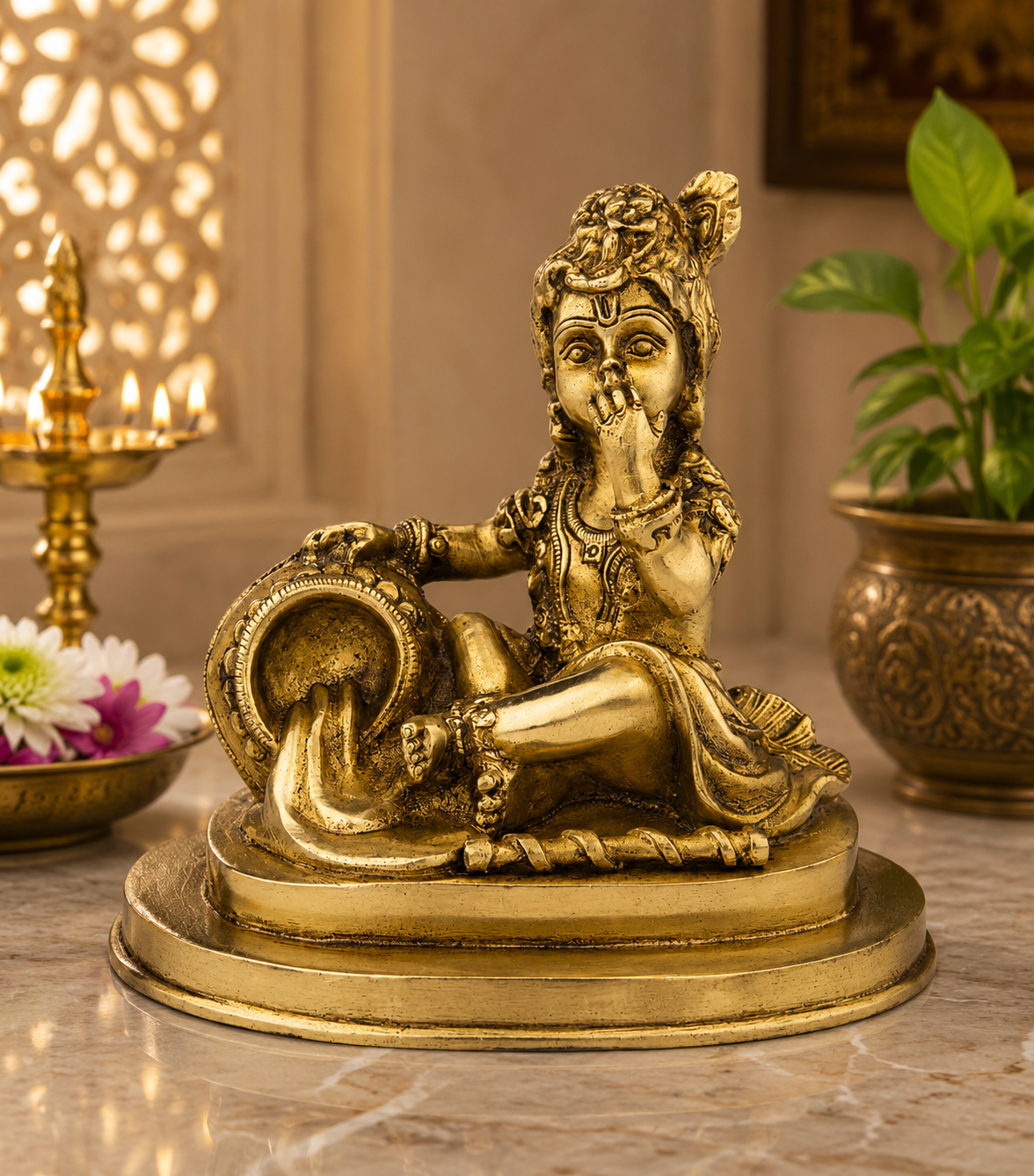 Brassaura® Bal Gopal Makhan Chor Idol with Royal Golden Finish | Pure Superfine Brass Handcrafted Murti | Brass Statue for Home Temple, Pooja Room, Spiritual Décor & Luxury Gifting | Height 6 Inches | Weight 1.9 Kg