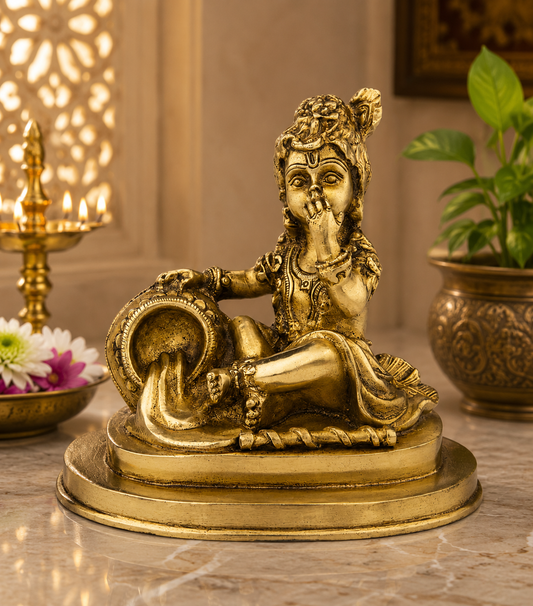 Brassaura® Bal Gopal Makhan Chor Idol with Royal Golden Finish | Pure Superfine Brass Handcrafted Murti | Brass Statue for Home Temple, Pooja Room, Spiritual Décor & Luxury Gifting | Height 6 Inches | Weight 1.9 Kg