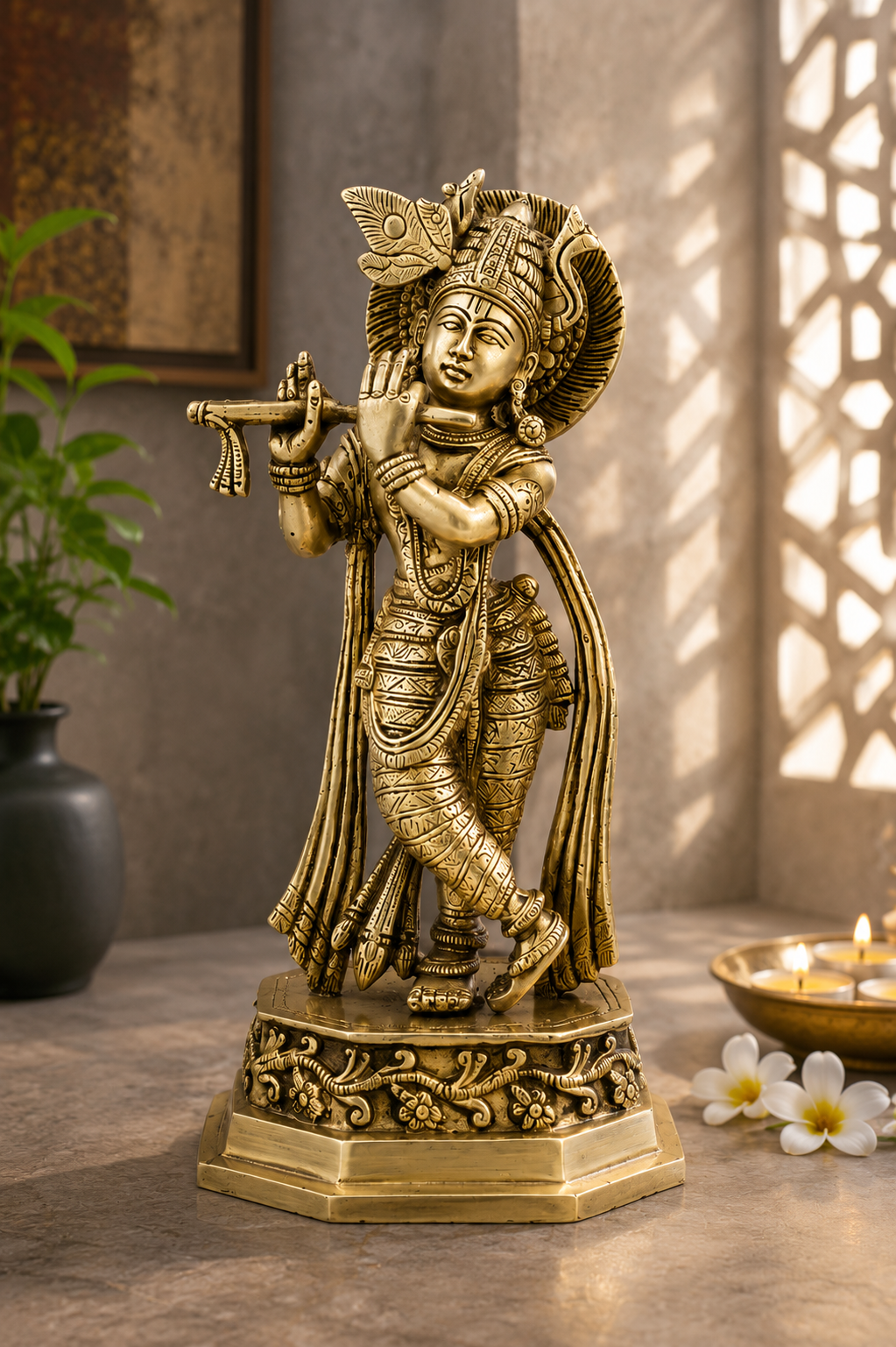 Brassaura® Lord Krishna Playing Flute Idol with Polished Finish | Pure Superfine Brass Handcrafted Murti | Brass Statue for Home Temple, Pooja Room, Spiritual Décor & Luxury Gifting | Height 10 Inches | Weight 1.8 Kg