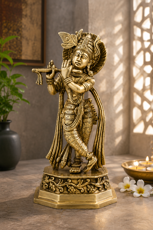 Brassaura® Lord Krishna Playing Flute Idol with Polished Finish | Pure Superfine Brass Handcrafted Murti | Brass Statue for Home Temple, Pooja Room, Spiritual Décor & Luxury Gifting | Height 10 Inches | Weight 1.8 Kg