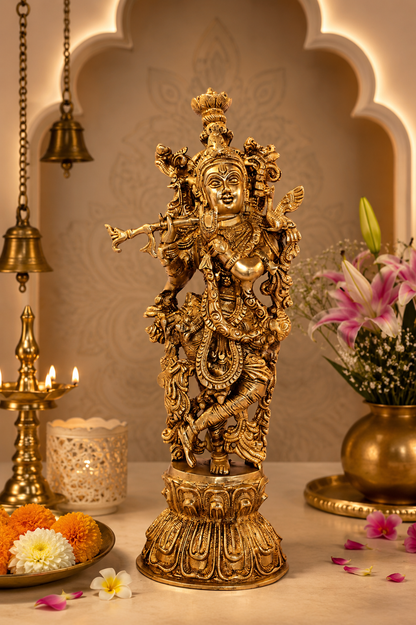 Brassaura® Lord Krishna Playing Flute Idol with Antique Finish | Pure Superfine Brass Handcrafted Murti | Brass Statue for Home Temple, Pooja Room, Spiritual Décor & Luxury Gifting | Height 16 Inches | Weight 6 Kg