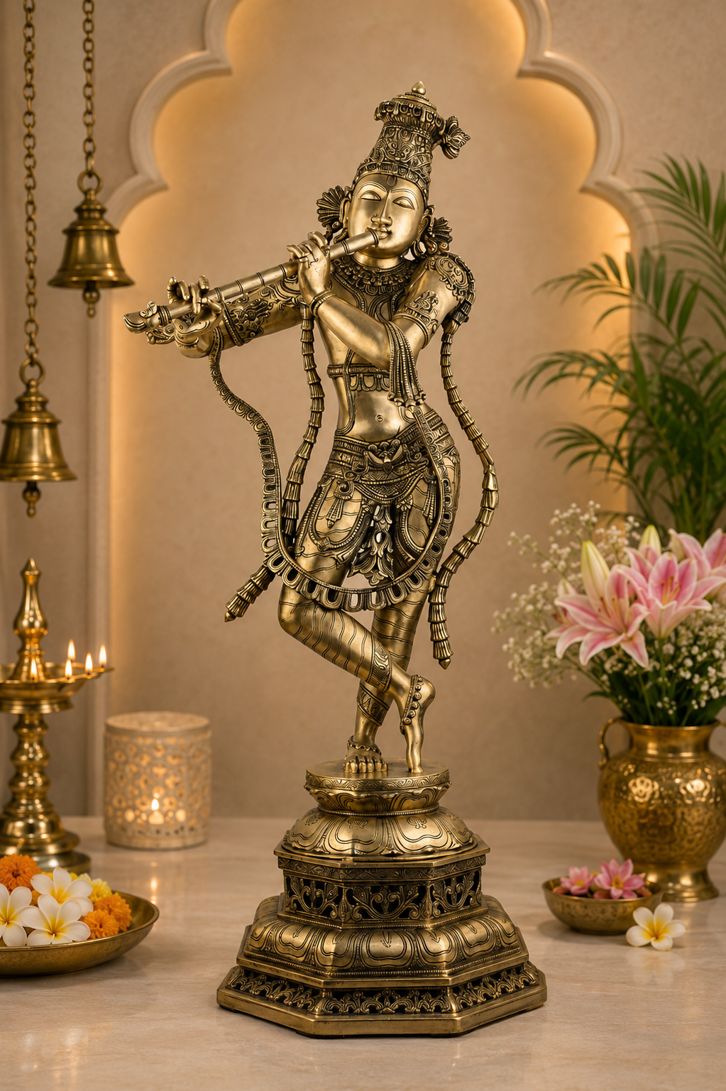 Brassaura® Lord Krishna Playing Flute Idol with Antique Finish | Pure Superfine Brass Handcrafted Murti | Brass Statue for Home Temple, Pooja Room, Spiritual Décor & Luxury Gifting | Height 45 Inches | Weight 43 Kg