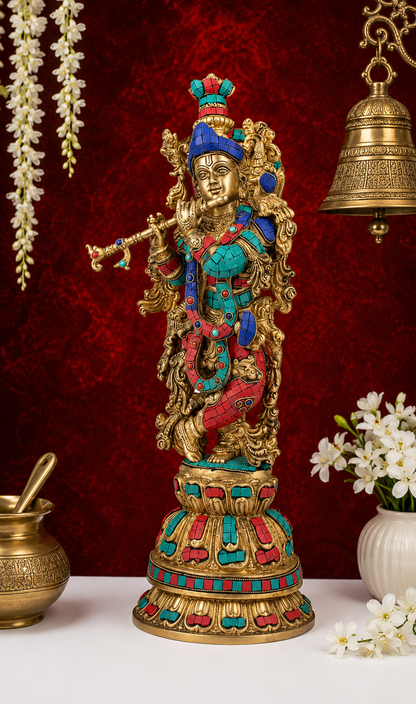 Brassaura® Lord Krishna Playing Flute Idol with Multi-Color Finish | Pure Superfine Brass Handcrafted Murti | Brass Statue for Home Temple, Pooja Room, Spiritual Décor & Luxury Gifting | Height 21 Inches | Weight 9 Kg