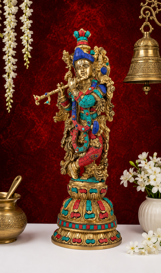 Brassaura® Lord Krishna Playing Flute Idol with Multi-Color Finish | Pure Superfine Brass Handcrafted Murti | Brass Statue for Home Temple, Pooja Room, Spiritual Décor & Luxury Gifting | Height 21 Inches | Weight 9 Kg