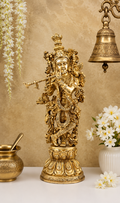 Brassaura® Lord Krishna Playing Flute Idol with Antique Finish | Pure Superfine Brass Handcrafted Murti | Brass Statue for Home Temple, Pooja Room, Living Room, Spiritual Décor & Luxury Gifting | Height 21 Inches | Weight 9 Kg