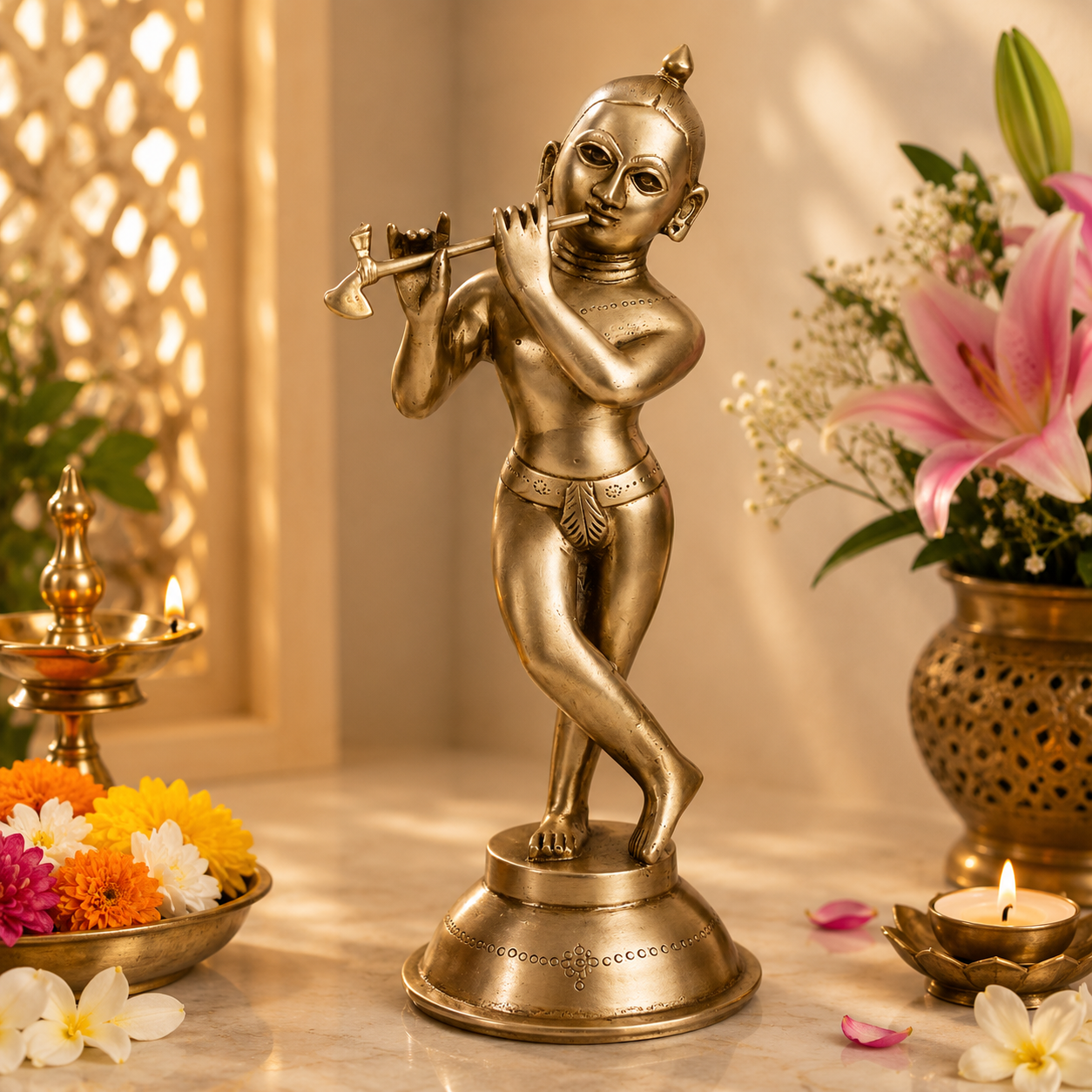 Brassaura® Lord Krishna Playing Flute Idol with Antique Finish | Pure Superfine Brass Handcrafted Murti | Brass Statue for Home Temple, Pooja Room, Spiritual Décor & Luxury Gifting | Height 12.5 Inches | Weight 2.8 Kg