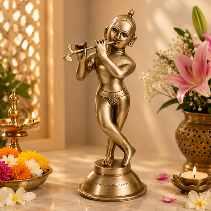 Brassaura® Lord Krishna Playing Flute Idol with Antique Finish | Pure Superfine Brass Handcrafted Murti | Brass Statue for Home Temple, Pooja Room, Spiritual Décor & Luxury Gifting | Height 12.5 Inches | Weight 2.8 Kg