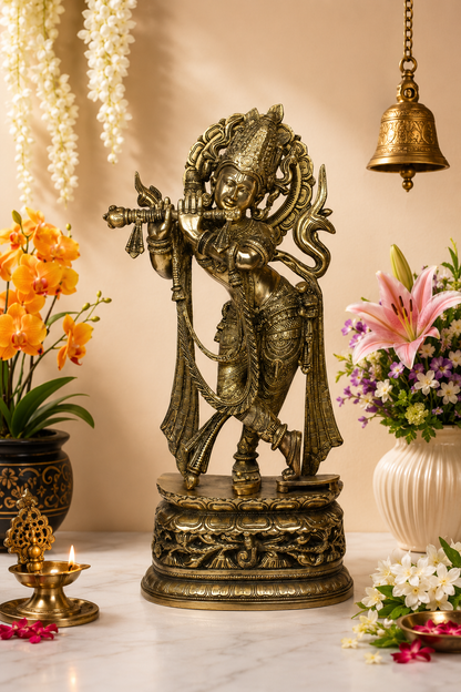 Brassaura® Lord Krishna Playing Flute Idol with Antique Finish | Pure Superfine Brass Handcrafted Murti | Brass Statue for Home Temple, Pooja Room, Living Room, Spiritual Décor & Luxury Gifting | Height 23 Inches | Weight 11.5 Kg