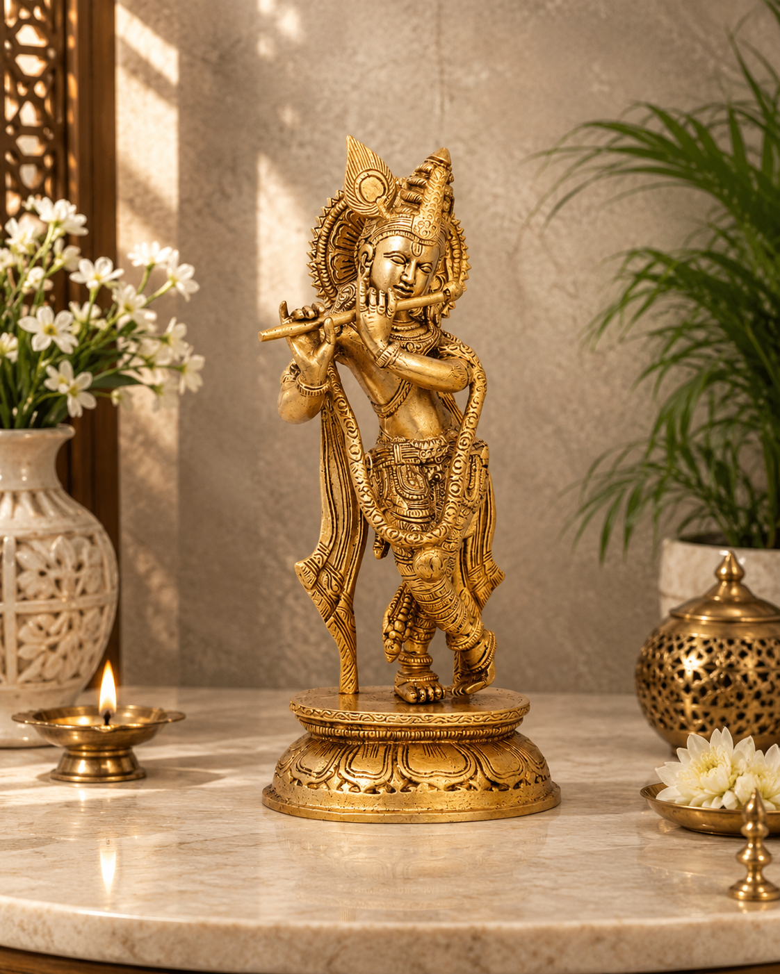 Brassaura® Lord Krishna Playing Flute Idol with Antique Gold Finish | Pure Superfine Brass Handcrafted Murti | Brass Statue for Home Temple, Pooja Room, Spiritual Décor & Luxury Gifting | Height 11.5 Inches | Weight 2.7 Kg