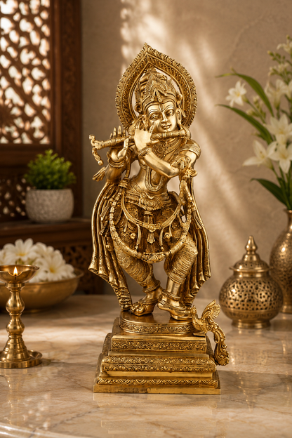 Brassaura® Lord Krishna Playing Flute Idol with Antique Gold Finish | Pure Superfine Brass Handcrafted Murti | Brass Statue for Home Temple, Pooja Room, Spiritual Décor & Luxury Gifting | Height 27 Inches | Weight 16 Kg