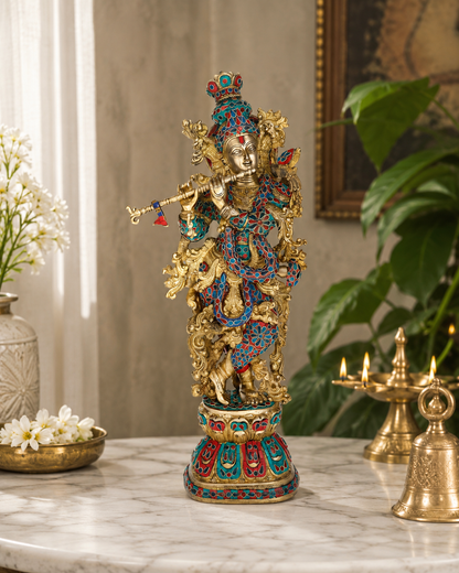 Brassaura® Lord Krishna Playing Flute Idol with Gemstone Work Finish | Pure Superfine Brass Handcrafted Murti | Brass Statue for Home Temple, Pooja Room, Spiritual Décor & Luxury Gifting | Height 29 Inches | Weight 16 Kg