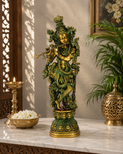 Brassaura® Lord Krishna Playing Flute Idol with Green Algae Finish | Pure Superfine Brass Handcrafted Murti | Brass Statue for Home Temple, Pooja Room, Spiritual Décor & Luxury Gifting | Height 29 Inches | Weight 16 Kg
