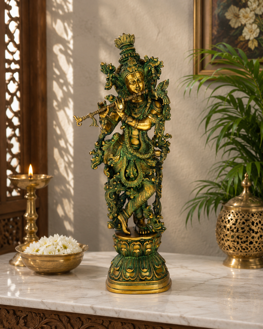 Brassaura® Lord Krishna Playing Flute Idol with Green Algae Finish | Pure Superfine Brass Handcrafted Murti | Brass Statue for Home Temple, Pooja Room, Spiritual Décor & Luxury Gifting | Height 29 Inches | Weight 16 Kg