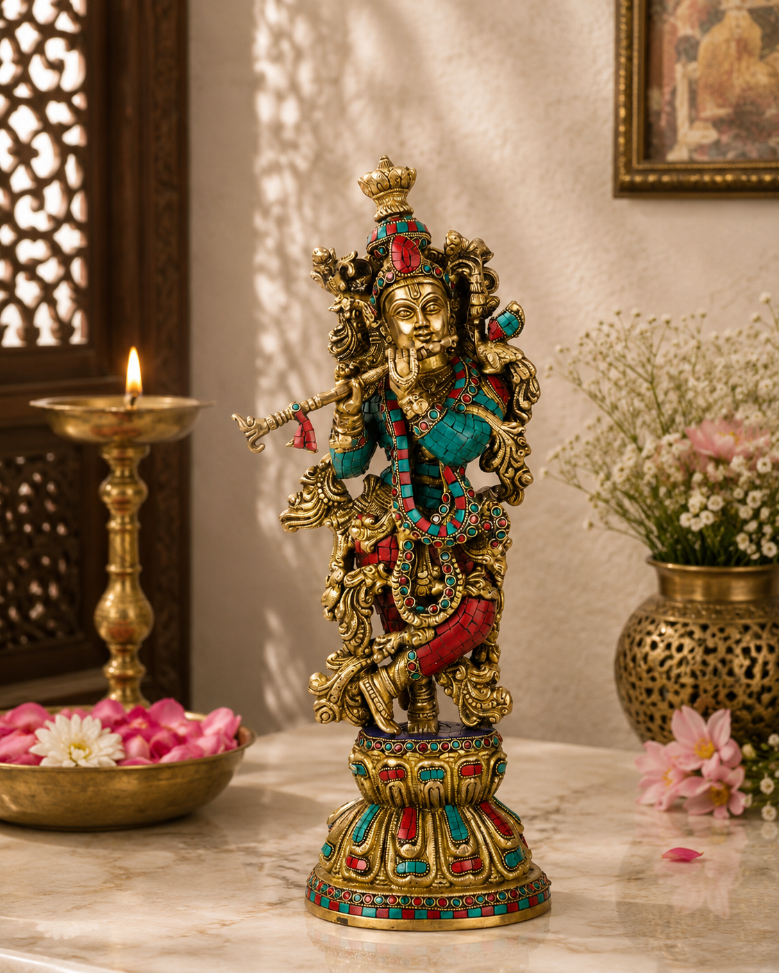 Brassaura® Lord Krishna Playing Flute Idol with Gem Stone Work Finish | Pure Superfine Brass Handcrafted Murti | Brass Statue for Home Temple, Pooja Room, Spiritual Décor & Luxury Gifting | Height 20 Inches | Weight 9 Kg