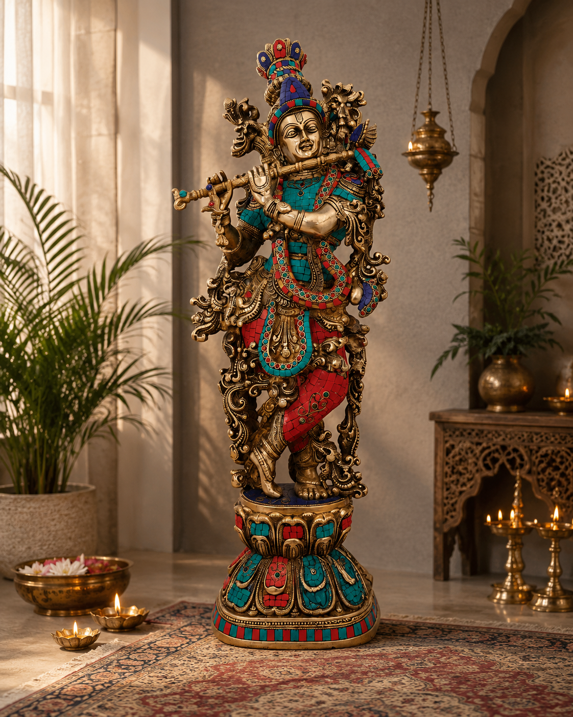 Brassaura® Lord Krishna Playing Flute Idol with Gem Stone Work Finish | Pure Superfine Brass Handcrafted Murti | Brass Statue for Home Temple, Pooja Room, Spiritual Décor & Luxury Gifting | Height 46 Inches | Weight 52 Kg