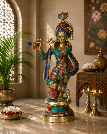 Brassaura® Lord Krishna Playing Flute Idol with Gem Stone Work Finish | Pure Superfine Brass Handcrafted Murti | Brass Statue for Home Temple, Pooja Room, Spiritual Décor & Luxury Gifting | Height 36 Inches | Weight 27 Kg
