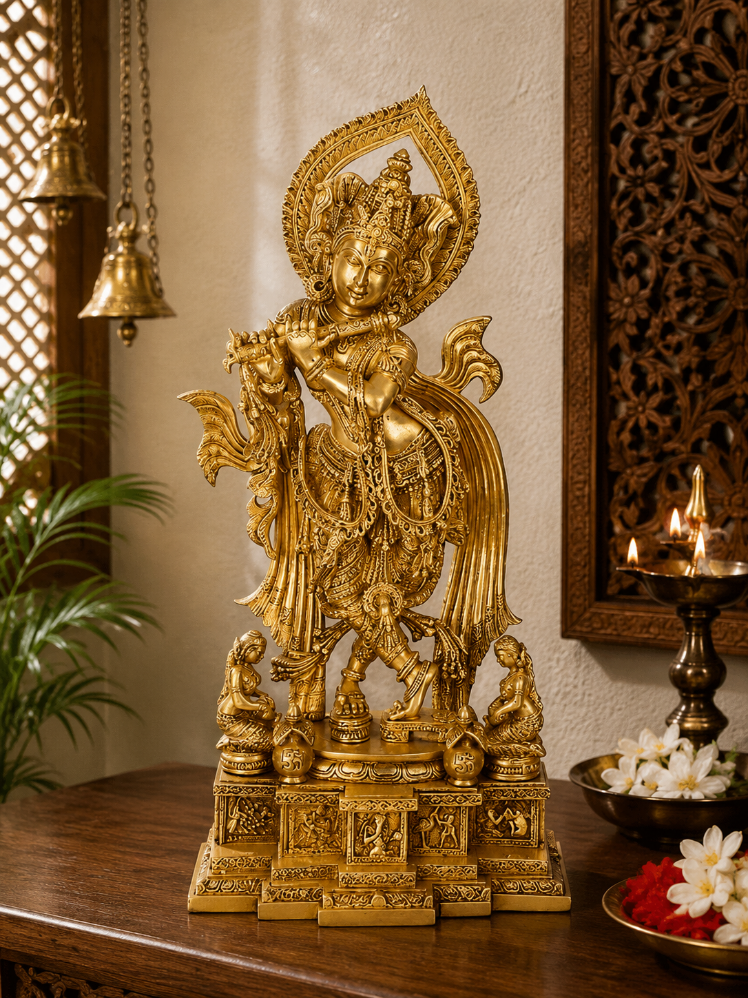 Brassaura® Lord Krishna Playing Flute Idol with Royal Golden Finish | Pure Superfine Brass Handcrafted Murti | Brass Statue for Home Temple, Pooja Room, Spiritual Décor & Luxury Gifting | Height 26 Inches | Weight 18 Kg